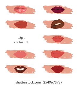 Set of realistic and cartoon female lips in different close-up poses on an isolated background. Vector.
