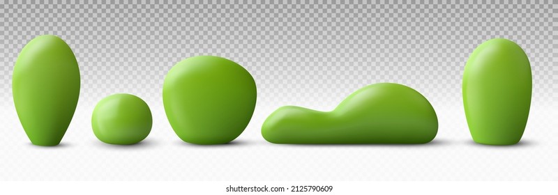 Set realistic cartoon green bushes different shapes in minimal style isolated on transparent background. Sweet design children element. Collection beautiful vector illustration. Colorful soft toy.