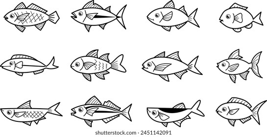 Set of realistic cartoon images of various types of fish in black and white line drawings with rounded edges.