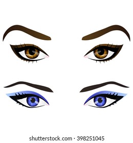 Set of realistic cartoon vector female eyes and eyebrows with different colors and fashion make up. Brown and blue eyes and brows design element, body parts isolated on white background. Eyes close up