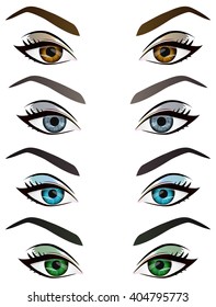 Set of realistic cartoon vector female eyes and eyebrows with different color and make up. Brown, blue, green, grey woman eyes and brows design element, body parts isolated on white background