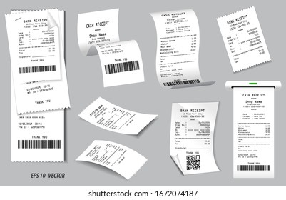 Set Of Realistic Cash Register Sales Receipt Isolated Or Cash Receipt Printed White Paper Or Printout Thermal Rolled Paper. Eps Vector