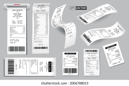 set of realistic cash register sales receipt isolated or cash receipt printed white paper or printout thermal rolled paper. eps vector