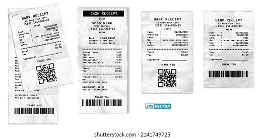 set of realistic cash register sales receipt isolated or cash receipt printed white paper or printout thermal rolled paper. eps vector