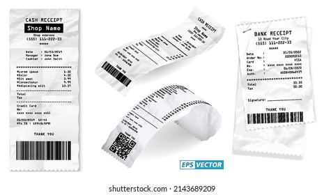 set of realistic cash register sales receipt isolated or cash receipt printed white paper or printout thermal rolled paper. eps vector