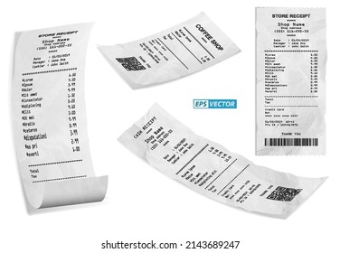 set of realistic cash register sales receipt isolated or cash receipt printed white paper or printout thermal rolled paper. eps vector