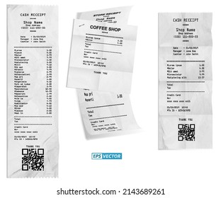 set of realistic cash register sales receipt isolated or cash receipt printed white paper or printout thermal rolled paper. eps vector