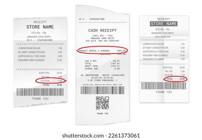 set of realistic cash register sales receipt isolated or cash receipt printed white paper or printout thermal rolled paper. eps vector