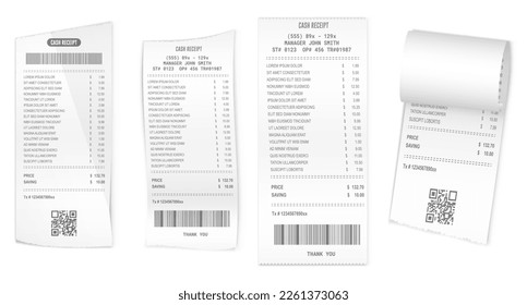 set of realistic cash register sales receipt isolated or cash receipt printed white paper or printout thermal rolled paper. eps vector