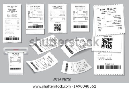 set of realistic cash register sales receipt isolated or cash receipt printed white paper or printout thermal rolled paper. eps vector