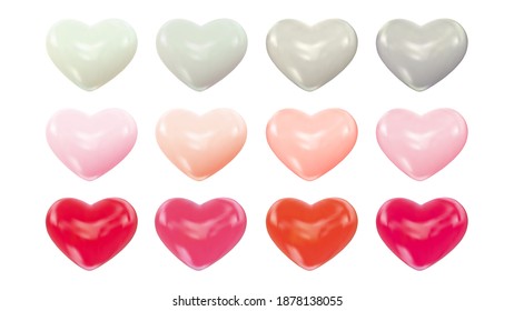 Set of realistic ceramic hearts for Valentines Day isolated on white background. Romantic symbol of love with shiny heart shape. Vector illustration