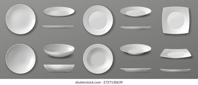 Conjunto de placas de cerámica realista en varias Formas y tamaños sobre un fondo transparente. Diseñada para presentaciones de utensilios de cocina, esta colección exhibe platos blancos limpios.