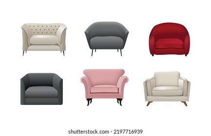 Set of realistic chairs. 3d colorful elements for interior on white background. Vector illustration 