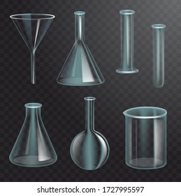 Set of realistic chemical flasks. Transparent empty funnel, bulb, bottle, test tube, filter. Dark transparent background. Realistic 3d vector illustration