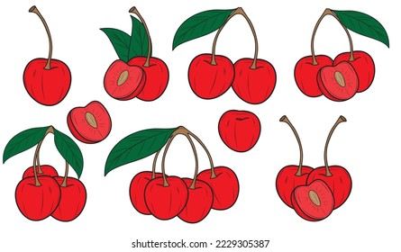 Conjunto de cerezas realistas aisladas en el fondo blanco. ilustración vectorial.