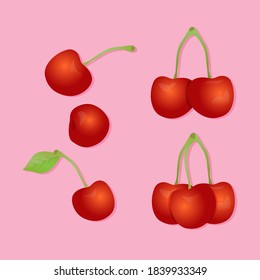 Set realistic cherry with leaves. Berries isolated on pink background