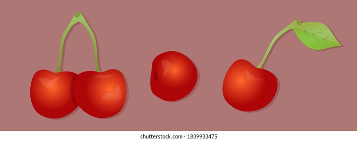 Set realistic cherry with leaves. Berries isolated on white background