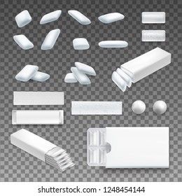 Set of realistic chewing gum of various shape in white color on transparent background isolated vector illustration