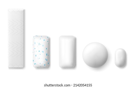 Set of realistic chewing gum of various shape in white color mint dragee. isolated on white background. 3D vector illustration