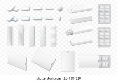 Set of realistic chewing gum of various shape in white color on transparent background isolated 3d vector illustration