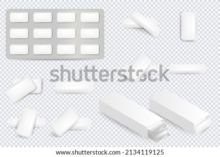 Set of realistic chewing gums isolated on dark background. Mint Bubblegum Realistic Set. Chewing gum mockups, stripes, tablets in blister pack and roll in container.