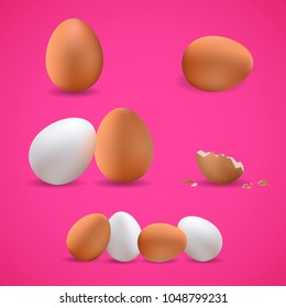 Set of realistic chicken eggs. Broken egg shells.