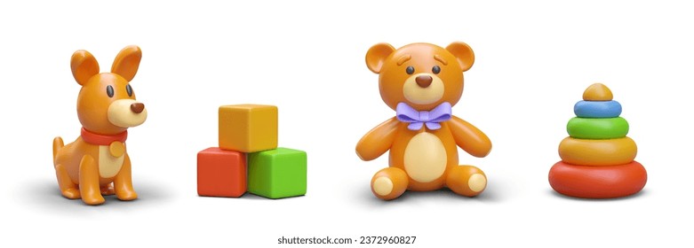 Set of realistic children toys. Multicolored pyramid, cubes, bear, dog. Isolated image on white background. Collection of cute vector illustrations. Icons for web design