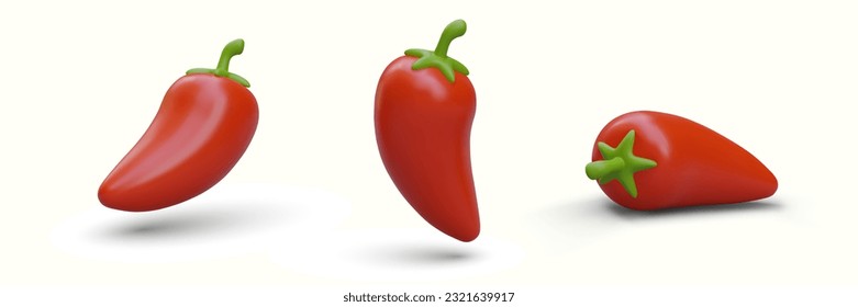 Set of realistic chili peppers. Three red peppers in plasticine style. Vegetables with sharp taste, natural spices. Image with shadows on light background