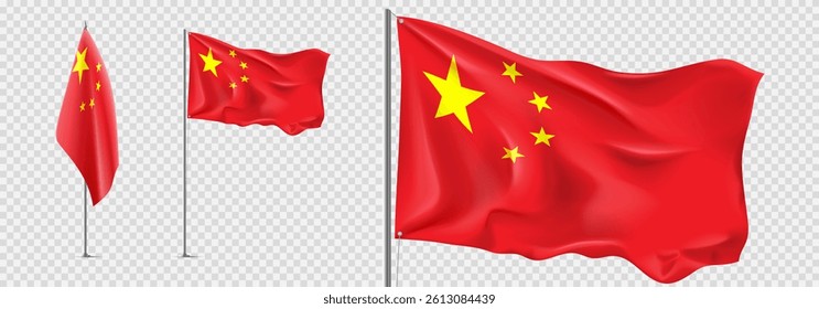 Set of realistic Chinese flags. Chinese flags isolated on checkered background. Templates of flags for decoration Chinese events. Red symbols of China. Vector illustration.