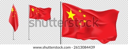 Set of realistic Chinese flags. Chinese flags isolated on checkered background. Templates of flags for decoration Chinese events. Red symbols of China. Vector illustration.