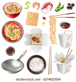 Set of realistic chinese noodles with vegetables, shrimps, mushrooms, soy sauce, chopsticks, wok isolated vector illustration 