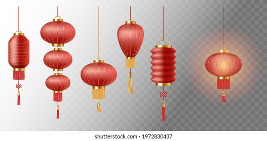 Set of realistic Chinese paper lanterns, symbol of eastern new year celebration. Traditional china decor for festival, asian light hanging isolated on transparent background. 3d vector illustration