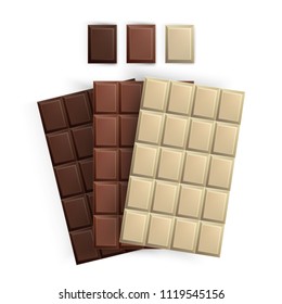 Conjunto realista de envases de barras de chocolate, ilustración vectorial aislada, leche, barras de chocolate blanco y negro