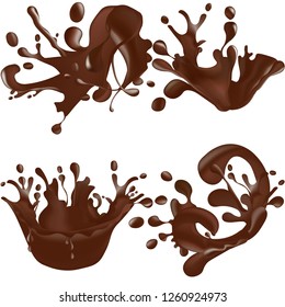 Set of realistic chocolate splashes isolated on white background. Vector illustration