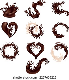 Un conjunto de salpicaduras de chocolate realistas aisladas sobre fondo blanco. Ilustración del vector