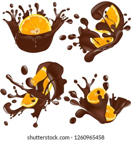 Set of realistic chocolate splashes with orange isolated on white background. Vector illustration