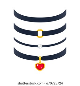 Set of realistic choker necklaces, vector illustration. Fashion jewelry with pearl and gold heart pendant.