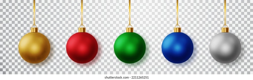 Set of realistic Christmas ball set of different colors. Christmas baubles isolated on transparent background. Christmas decorations