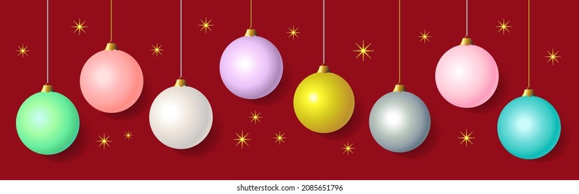 A set of realistic Christmas balls of delicate pastel colors on a red background with sparkling stars. Template for your design, banner, background.