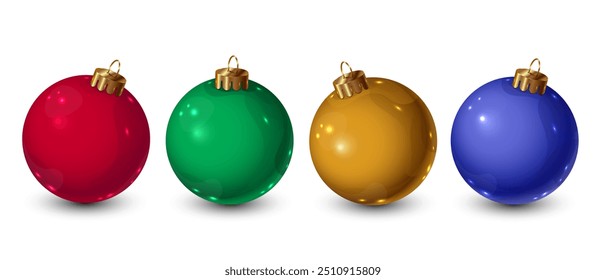 set of realistic Christmas balls isolated on white background, new year balls, gold, red, green and blue balls