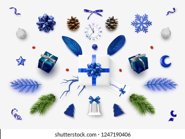 Set realistic Christmas blue objects isolated on white background. Elements gift box, lush bows, pine branches, pine cone, decorative snowflake, xmas ball and confetti, bells, and old watch