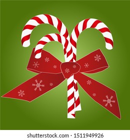 Set of realistic Christmas candy cane with red bow.  Striped traditional noel dessert.  Vector illustration isolated on colored gradient background