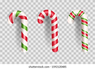 Set of realistic christmas candy cane. Sweets and striped lollipops  isolated on white background. Vector illustration