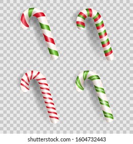 Set of realistic christmas candy cane. Sweets and striped lollipops  isolated on white background. Vector illustration