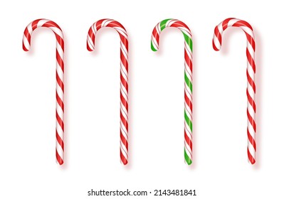 Set of realistic Christmas candy canes.Realistic Xmas candy cane Vector illustration. Top view icon. Greeting card template for Christmas and New Year.