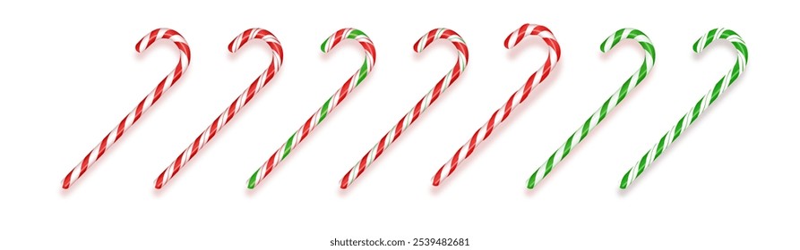 Set of realistic Christmas candy canes.Realistic Xmas candy cane Vector illustration. Top view icon. Greeting card template for Christmas and New Year.