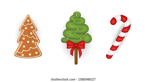 Set of realistic Christmas candy and cookies. Vector illustration icon isolated.