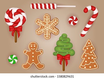 Set of realistic Christmas candy and cookies. Vector illustration icon isolated.