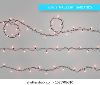 Set realistic christmas garland with red light bulbs. Vector stock illustration.