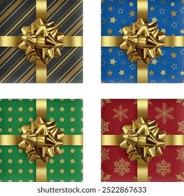 set of realistic christmas gift boxes. collection of christmas gift boxes with gold bow and gold decorations top view
